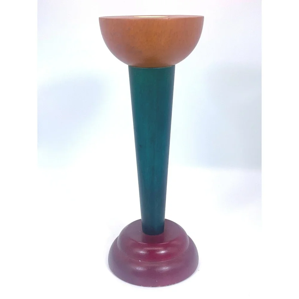 IKEA Monokel Vintage Candle Holder 1980s Post Modern Wood Brass Green Burgundy